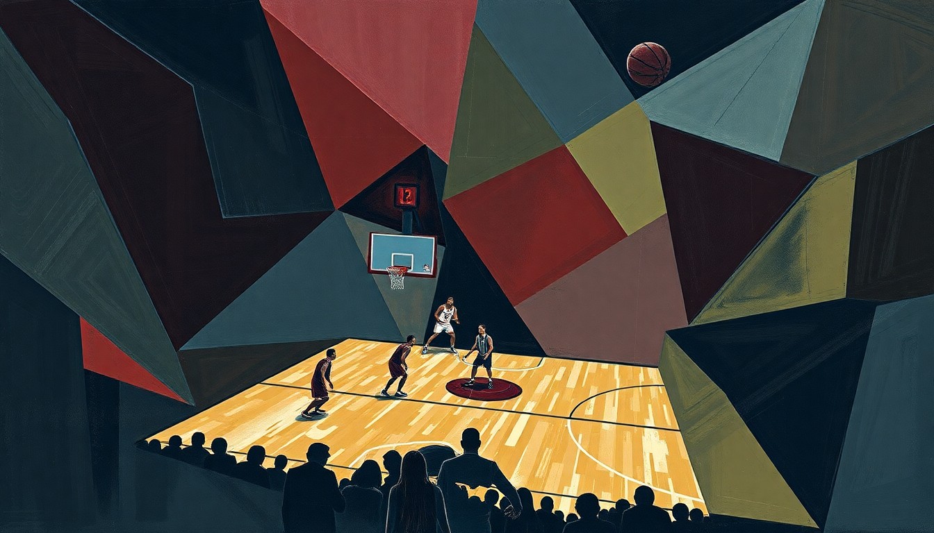 A cubist, geometric painting depicting a fragmented basketball game, with sharp planes of navy, burgundy, and olive colors overlapping to create an abstract, deconstructed scene.