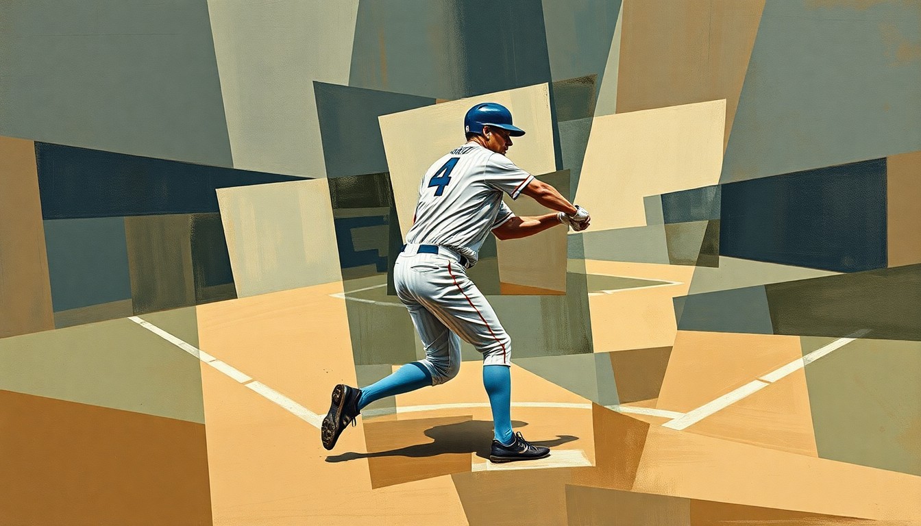 A fractured, geometric painting in muted earth tones and blues, with overlapping planes and shapes representing a baseball player in motion, their form deconstructed into abstract shapes.