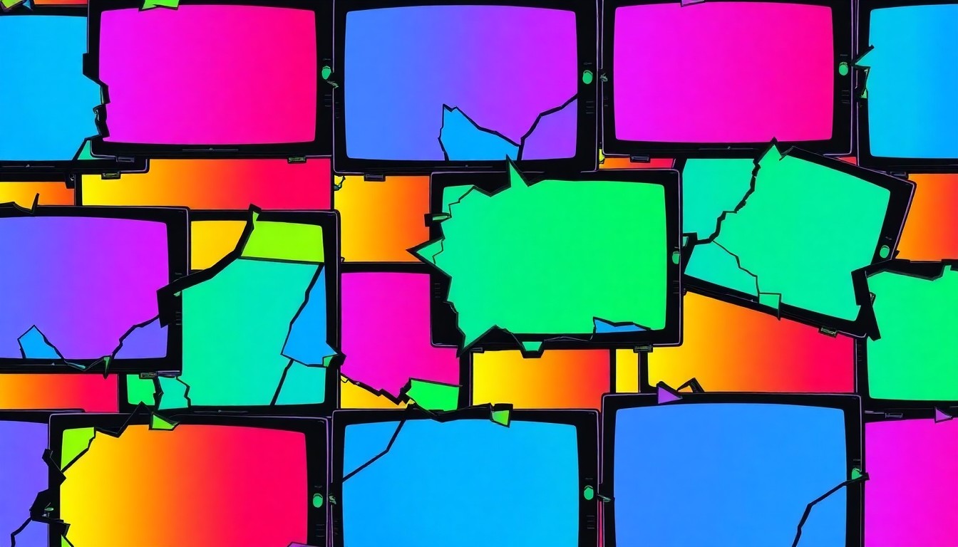 A brightly colored, high-contrast silkscreen print of a smashed TV screen repeated in a tight grid pattern, conceptually representing the cathartic release of breaking objects in a rage room.