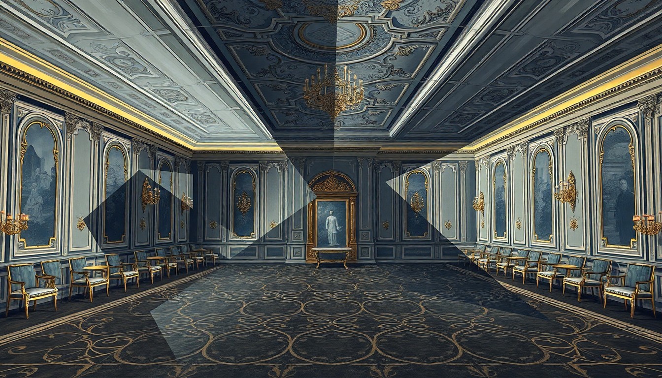 A fragmented, abstract painting in shades of grey, blue, and gold depicting the outline of an ornate, empty ballroom, conveying a sense of political tension and the fragmentation of power.