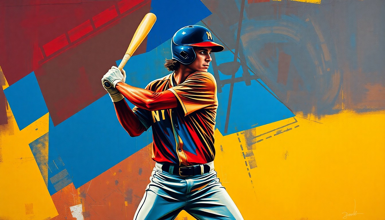 A fragmented, geometric painting depicting a baseball player's batting motion, with sharp planes of color and overlapping perspectives conveying a sense of raw athletic energy and determination.