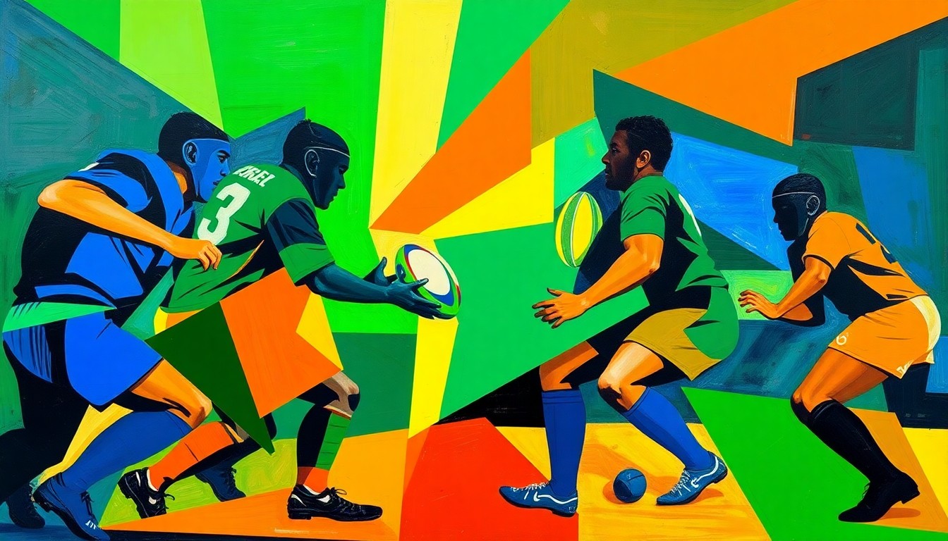 A cubist, geometric painting depicting the chaotic action of a rugby match, with players' forms broken down into overlapping angular shapes in a vibrant color palette.