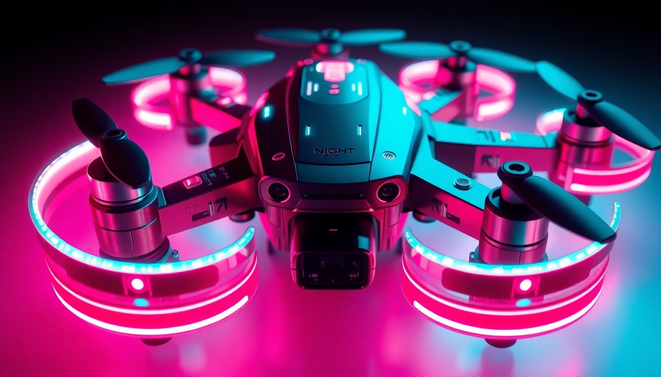 A highly detailed, glowing 3D illustration of a futuristic drone with sleek, angular forms and illuminated components, conceptually representing the advanced technology and capabilities of the Night Hawk Drone.