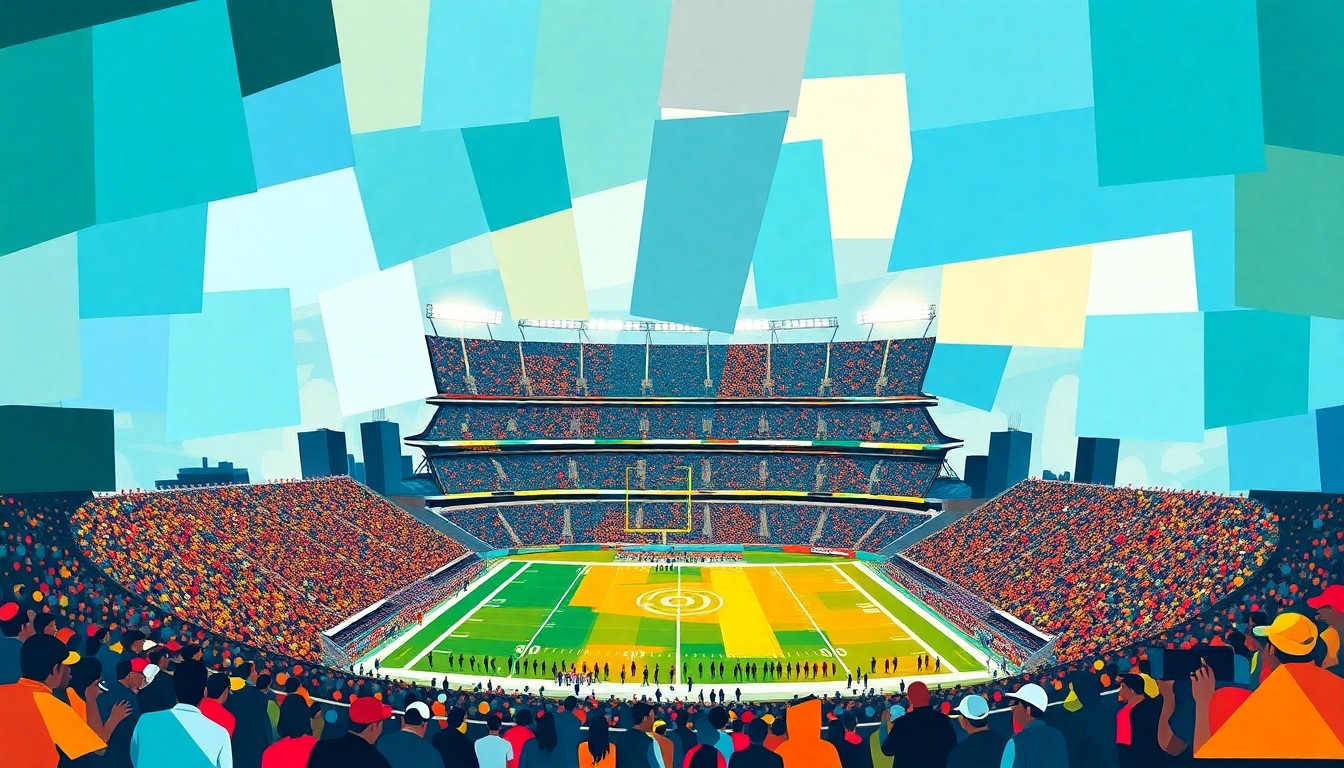 A fractured, cubist-style painting depicting a football stadium scene, with sharp geometric shapes and planes in the Jaguars' teal and gold colors, as well as the colors of their Orlando opponent, representing the temporary move and the ongoing stadium transformation.