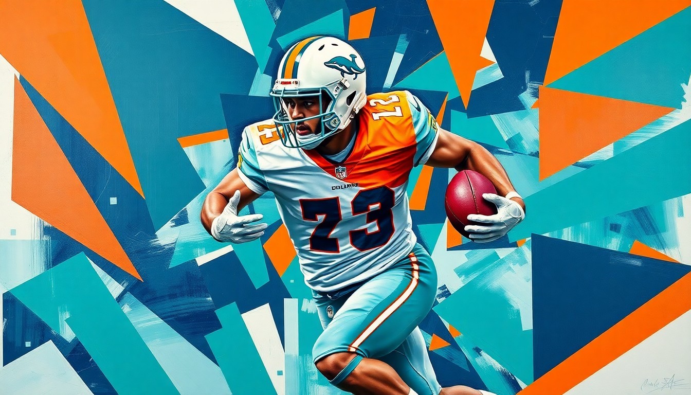A cubist, geometric painting depicting a football player in motion, with their body broken down into sharp, overlapping planes of teal, navy, and orange colors, conveying the dynamic and fragmented nature of a linebacker's position.