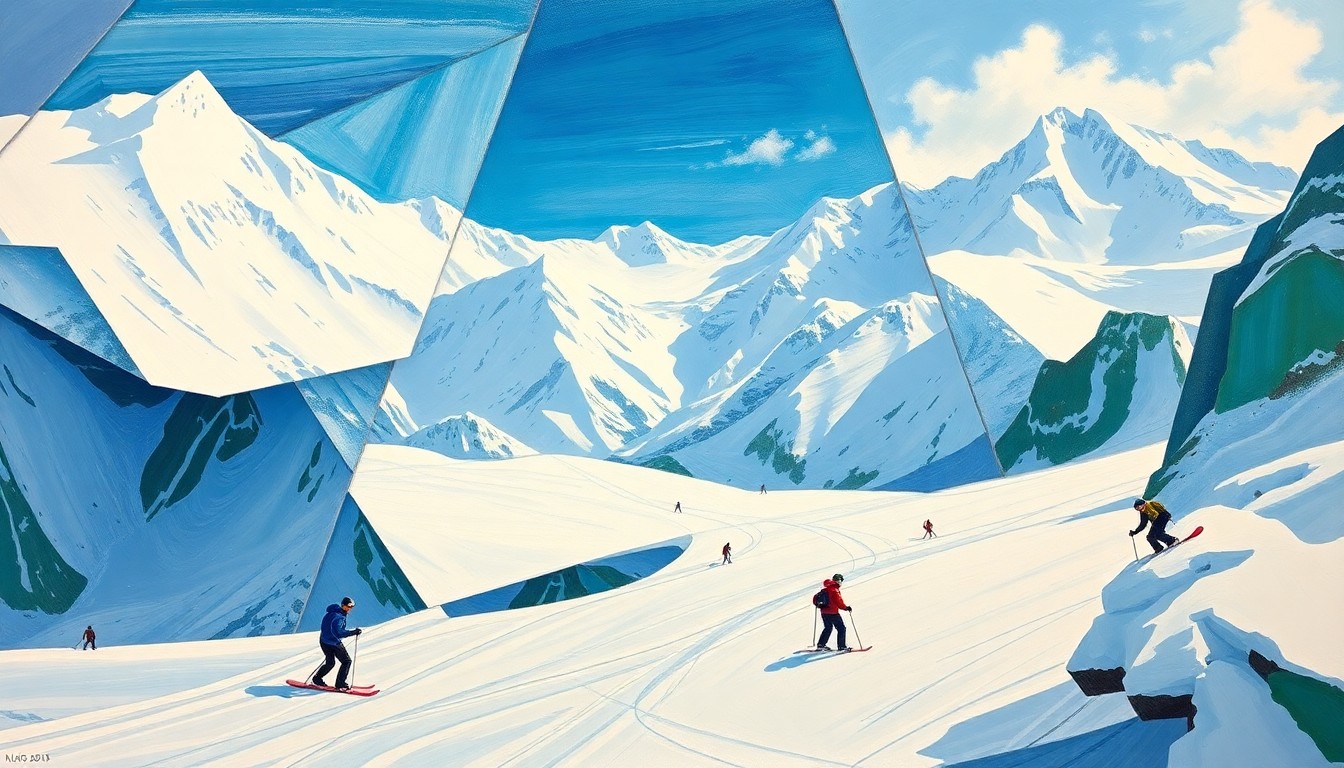 A fractured, cubist painting depicting a snowy mountain landscape with skiers and snowboarders, broken down into sharp, overlapping geometric shapes in vibrant shades of white, blue, and green.