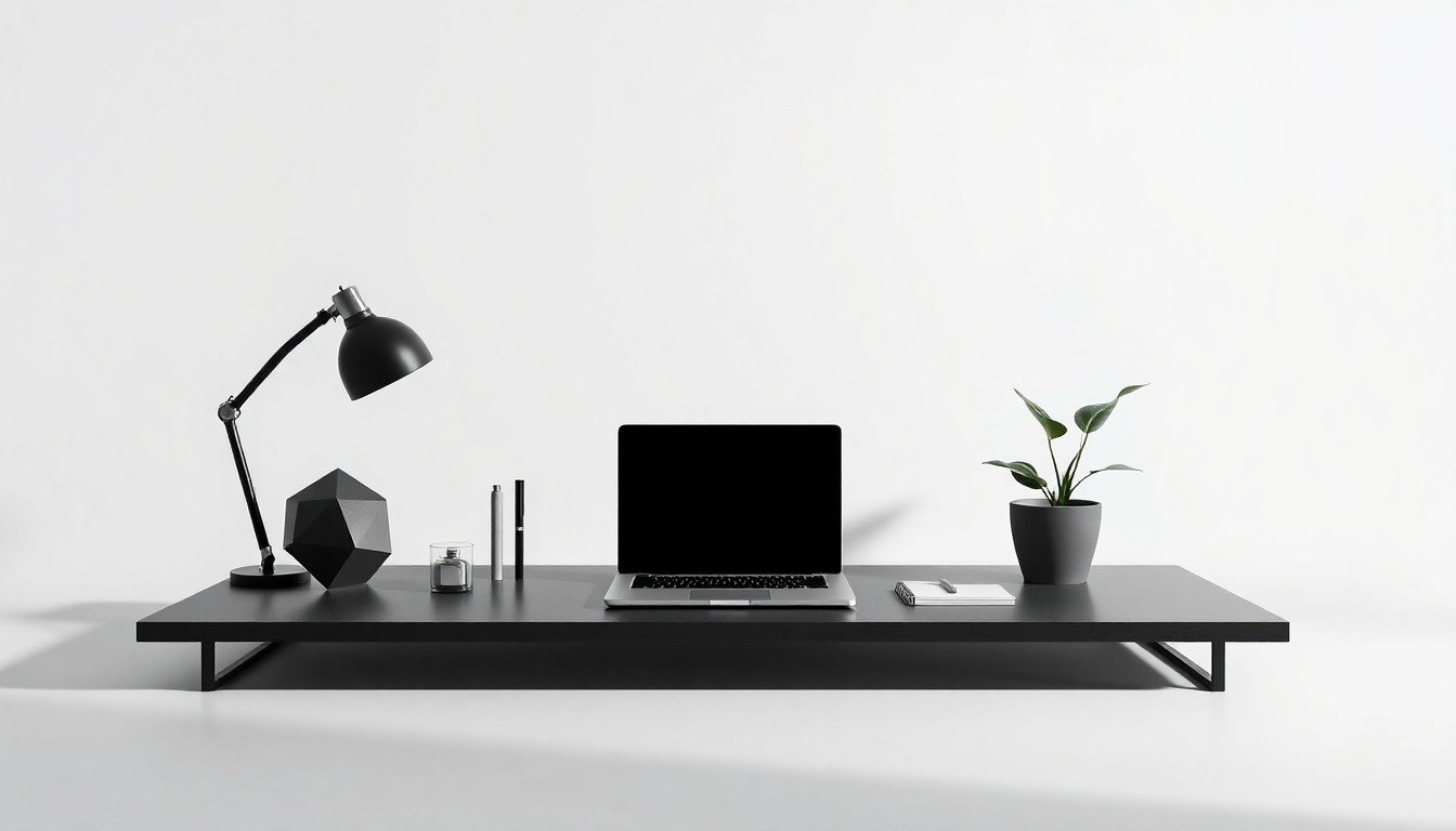 A high-end, photorealistic studio still-life photograph featuring a sleek, modern desk setup with a laptop, a few geometric office supplies, and a potted plant, arranged elegantly on a clean, monochromatic background using dramatic studio lighting to represent Anthropic's corporate strategy and growth.