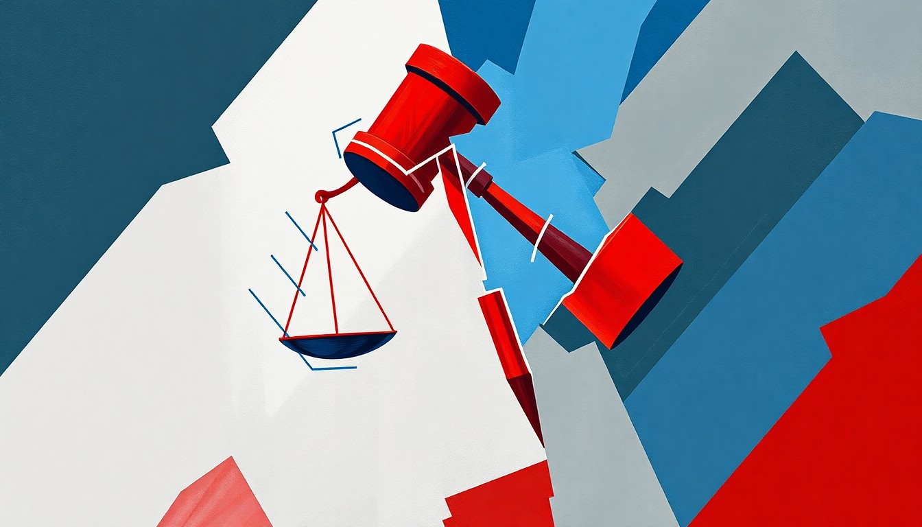 A fractured, abstract painting featuring overlapping geometric shapes and waves of red, blue, and grey, representing the chaotic and partisan nature of the leadership change at the Department of Justice.