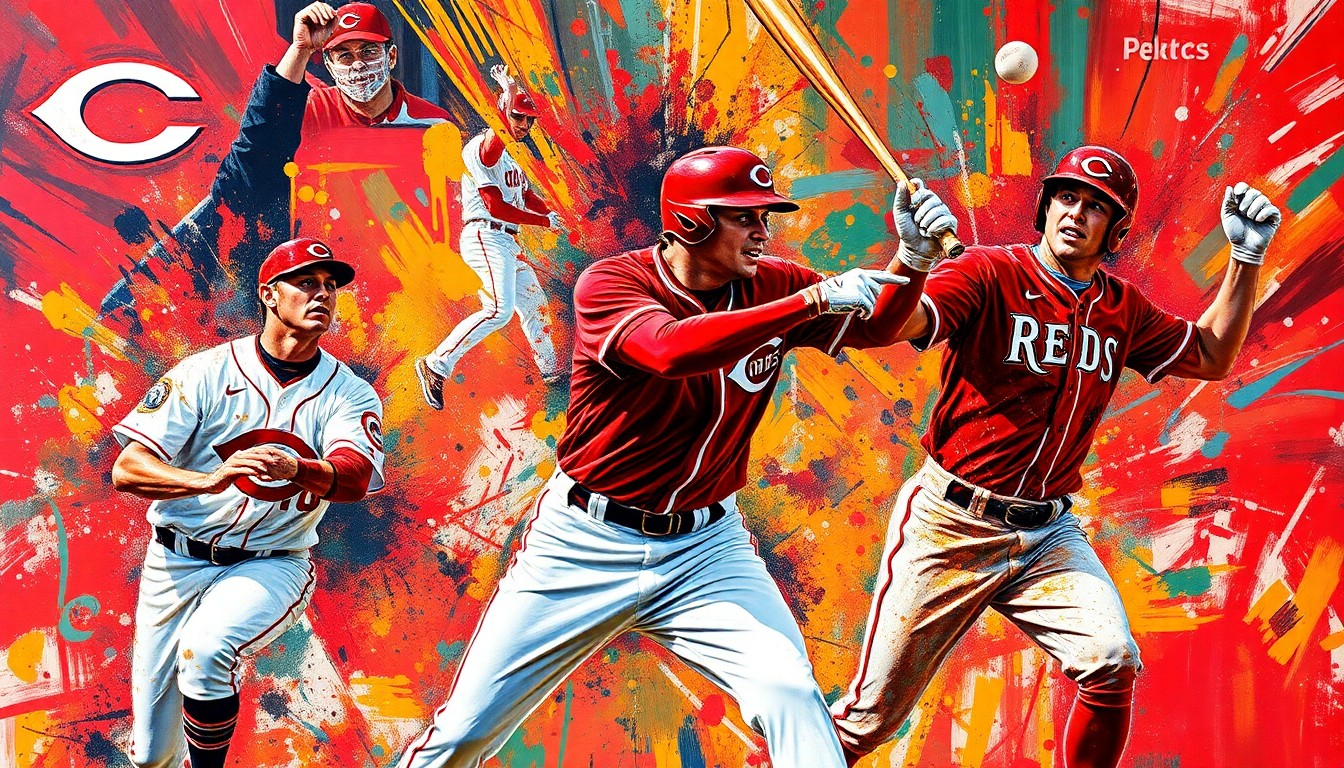 An abstract, expressionist painting featuring bold, neon-colored brushstrokes that capture the dynamic motion of baseball players, with the Reds' iconic 'C' logo and team colors blending into the energetic composition.