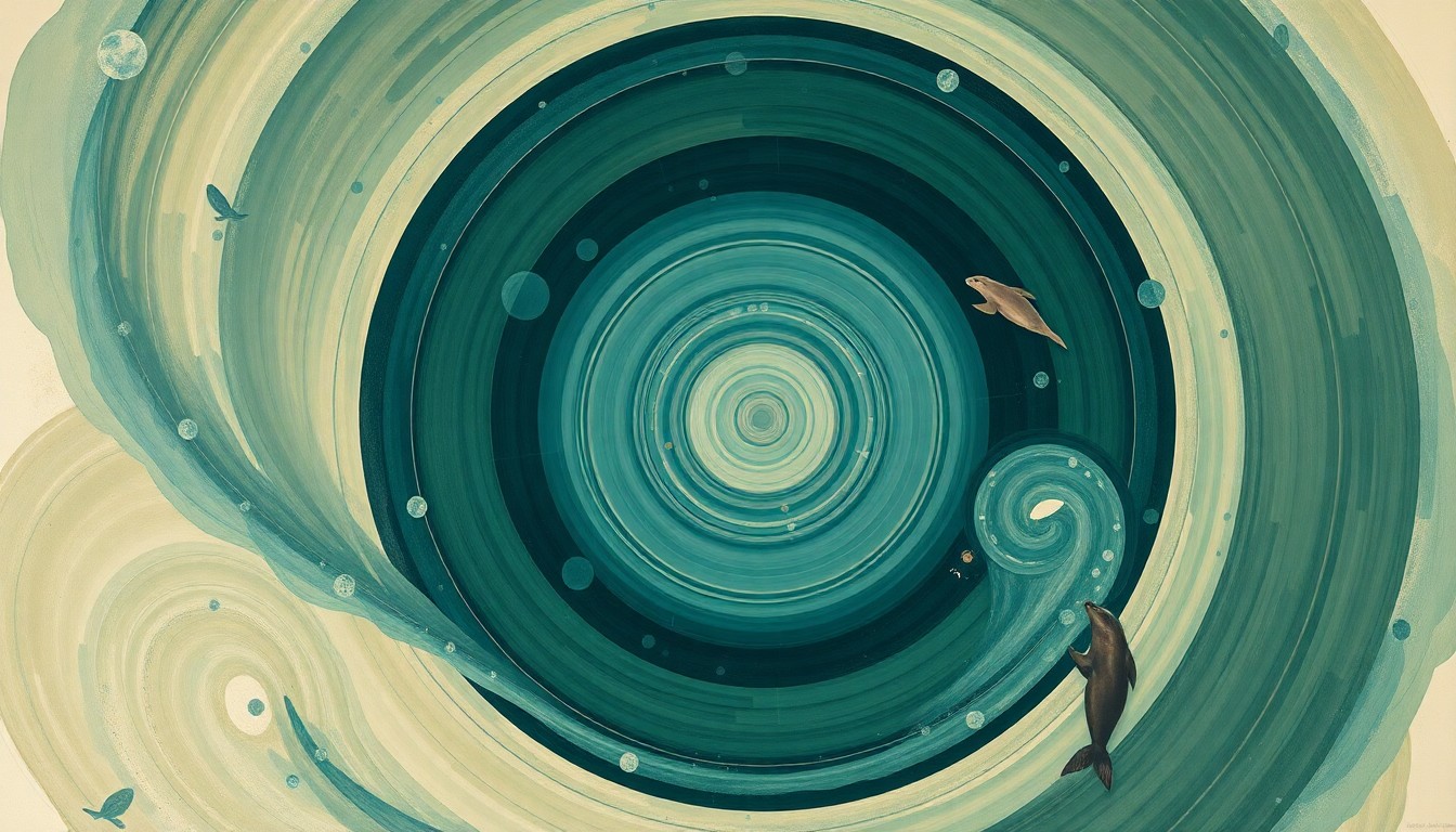 An abstract, highly structured painting in soft, earthy tones of green, blue, and brown, depicting the interconnected ecosystem of seals, sea lions, and their marine environment through sweeping geometric arcs, concentric circles, and precise botanical spirals, conveying the fragile balance of the ocean's food web.