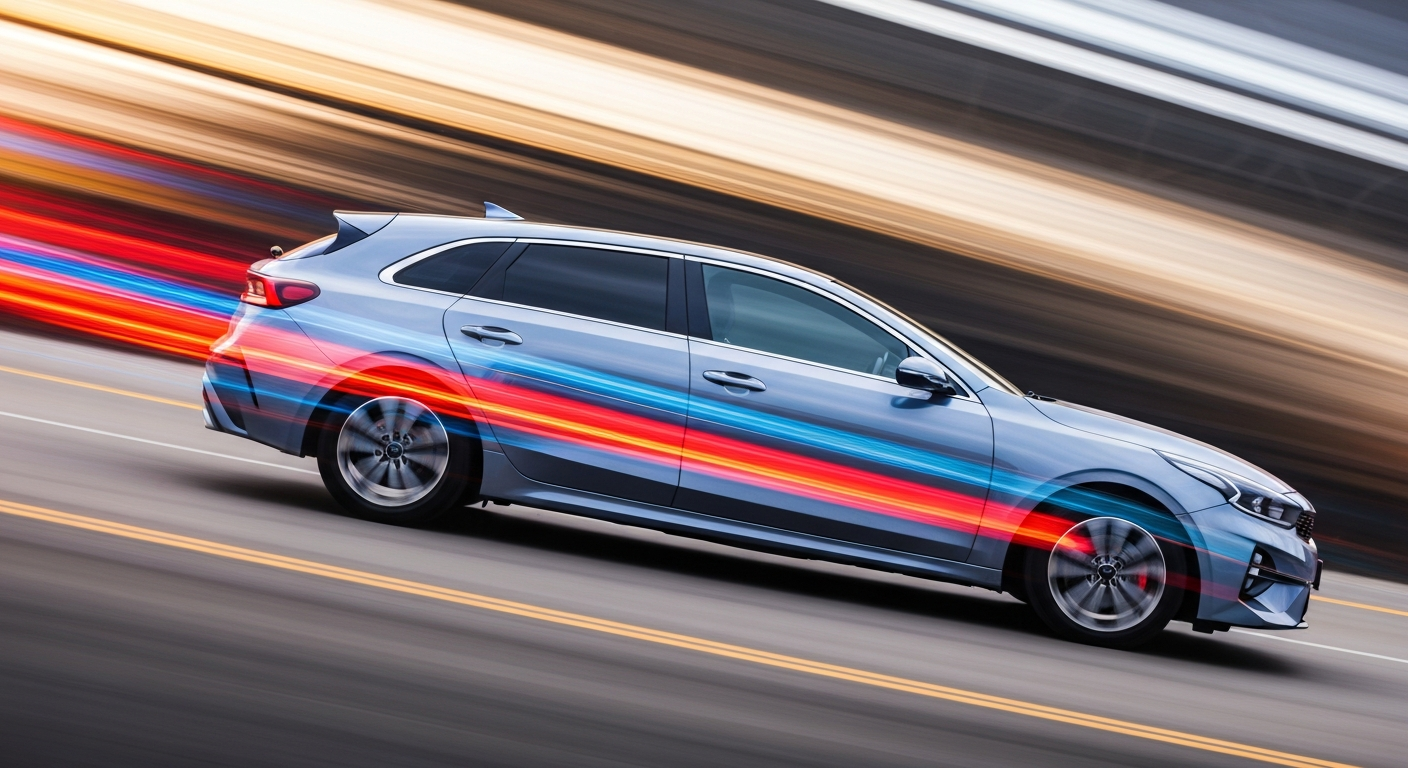 An abstract, colorful illustration featuring sweeping, blurred lines and streaks of motion, conceptually representing the dynamic and energetic nature of the Kia K4 hatchback.