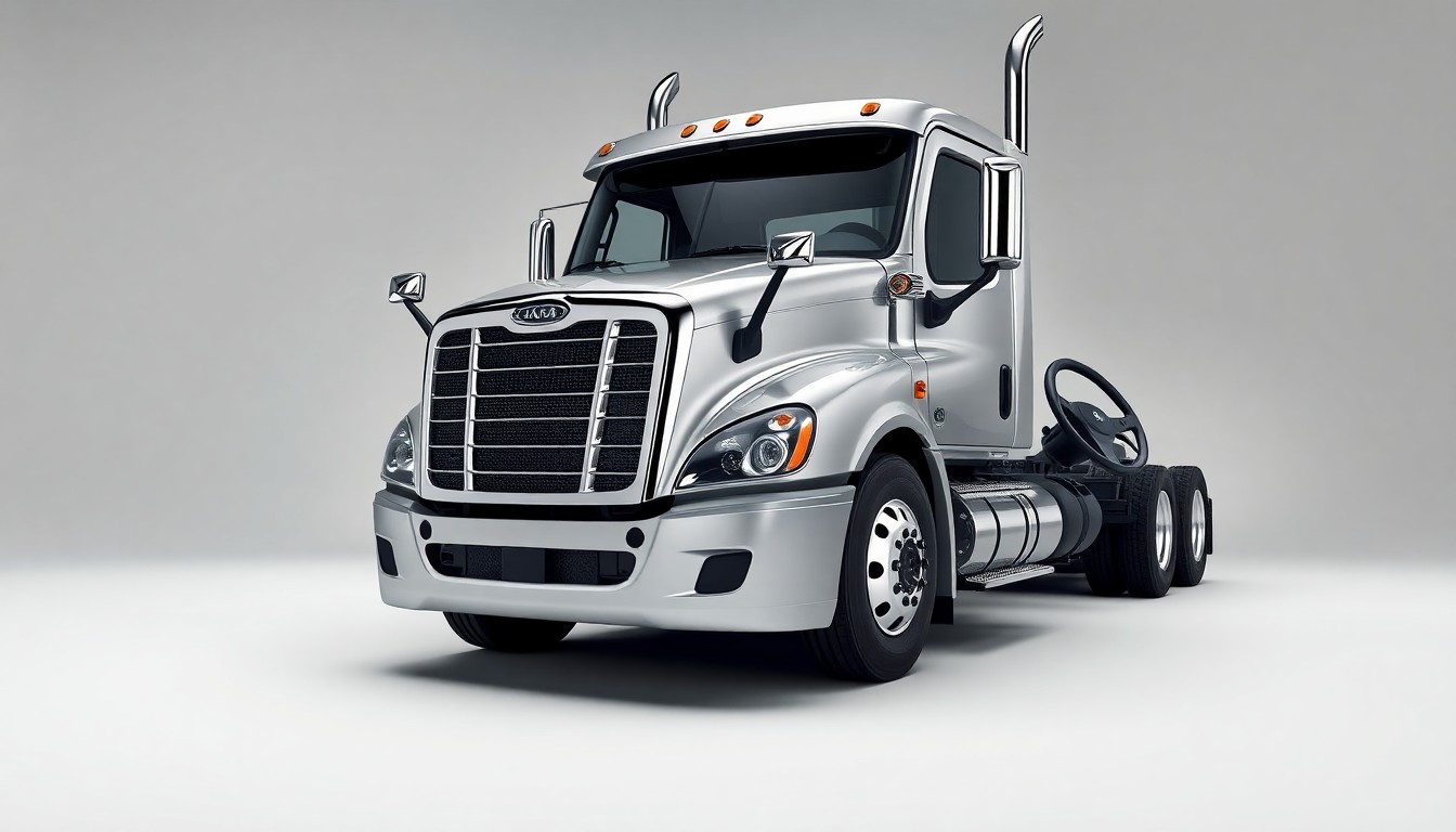 A photorealistic studio still life featuring premium commercial vehicle components like a metal truck grill, chrome wheel, and leather steering wheel, arranged elegantly on a clean, monochromatic background to symbolize the industrial design and quality of Rush Enterprises' products.