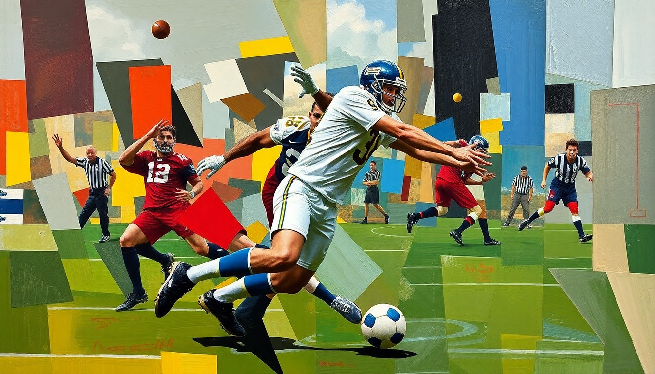A cubist, geometric painting depicting a football player's movements broken down into sharp, overlapping planes of color and shape, conceptually representing the complexity and fragmentation of an NFL career.