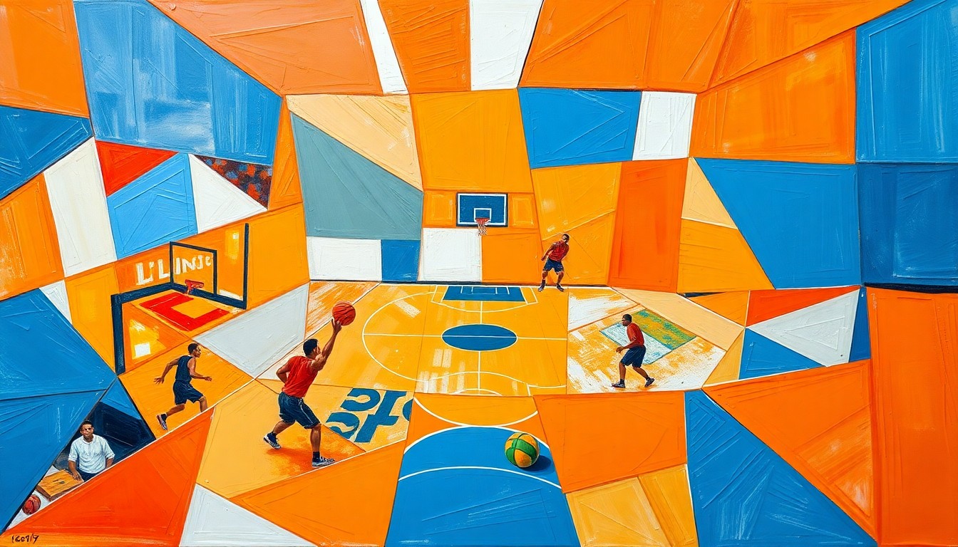A cubist, geometric painting depicting a fragmented basketball court and players, with sharp, overlapping planes of orange, blue, and white, conveying the energy and strategy of the sport.