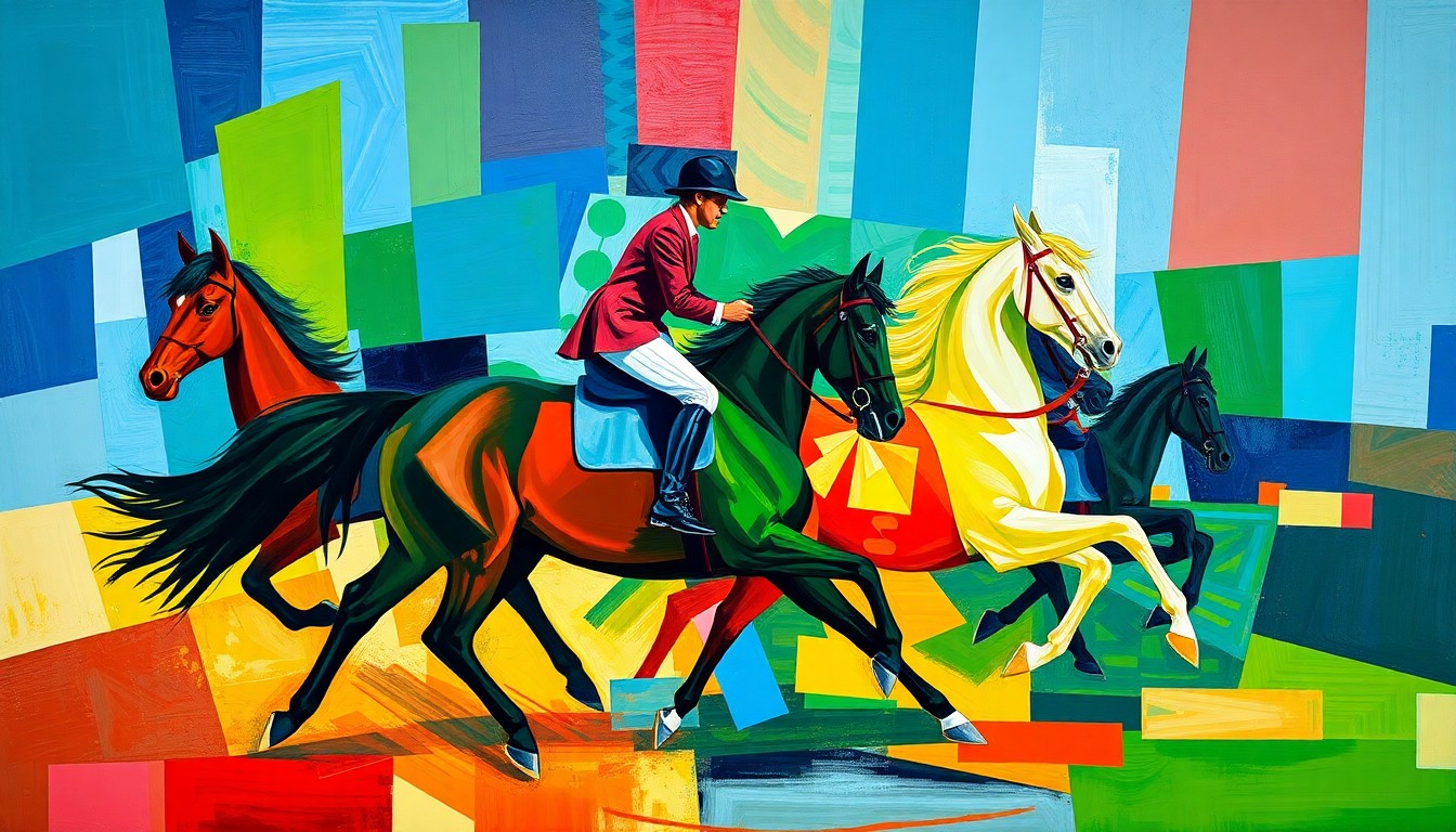 A cubist, geometric painting depicting the dynamic movements and energy of a dressage competition, with overlapping planes of color and form.