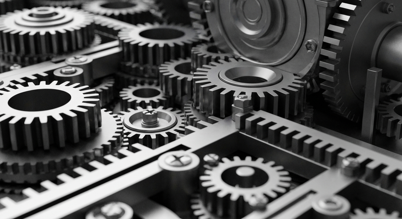An extreme close-up of intricately designed metal gears and machinery, conceptually representing the institutional banking systems and financial infrastructure that power the biopharmaceutical industry.
