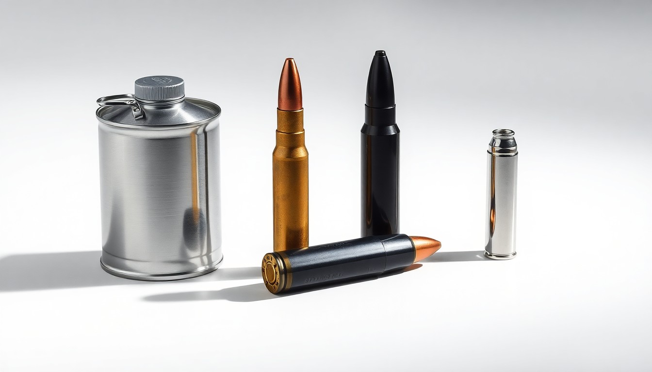 A minimalist studio photograph featuring a polished steel chemical canister, a sleek black ammunition cartridge, and a shiny silver bullet casing arranged on a clean, white background, conceptually representing Olin's range of industrial products.