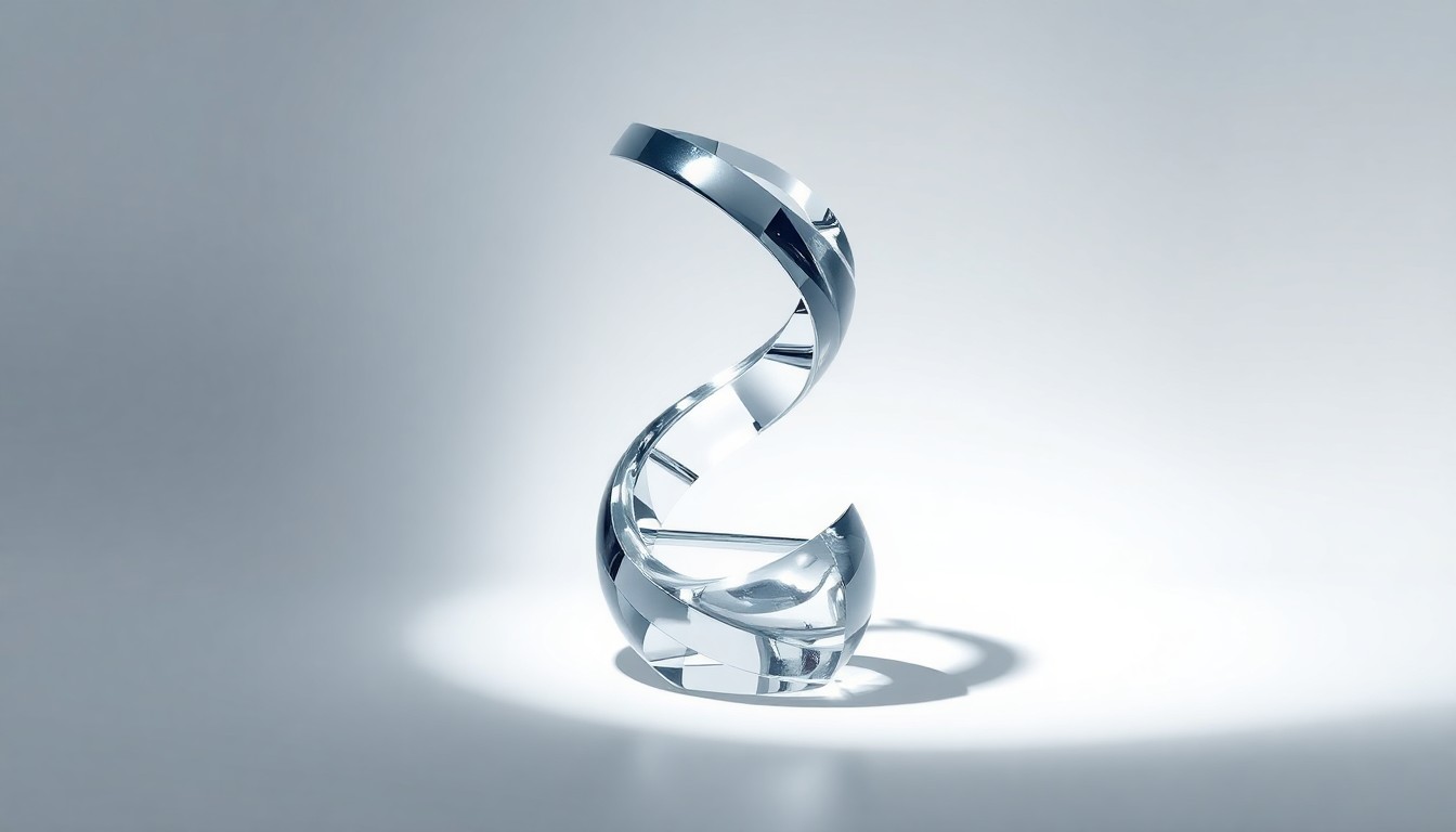 A highly polished, glass sculpture in the shape of a DNA helix, resting on a clean, monochromatic background and dramatically lit to symbolize the precision and innovation of Alexandria's life science real estate.