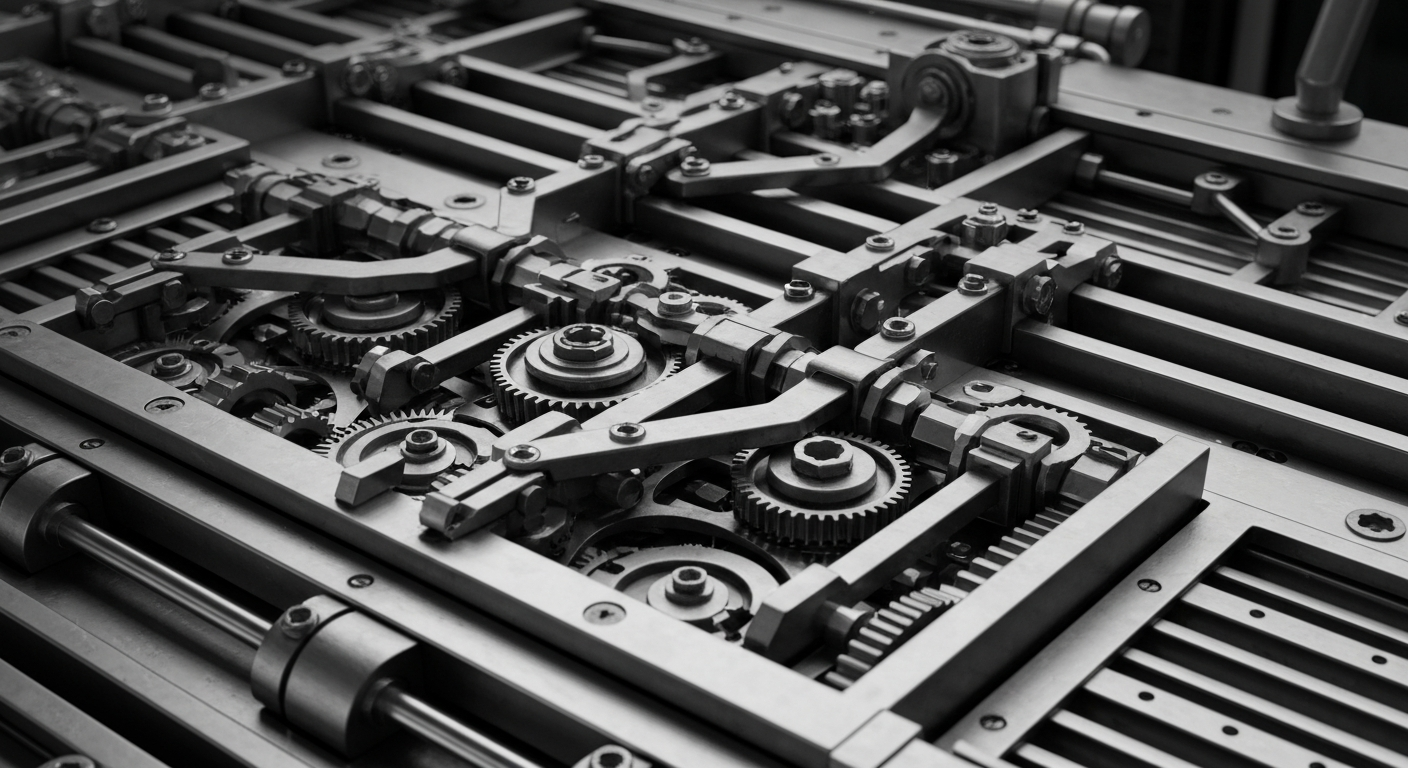 An extreme close-up of the intricate gears, levers, and mechanical components of a large industrial financial processing machine, dramatically lit to convey the complex infrastructure powering the insurance industry.