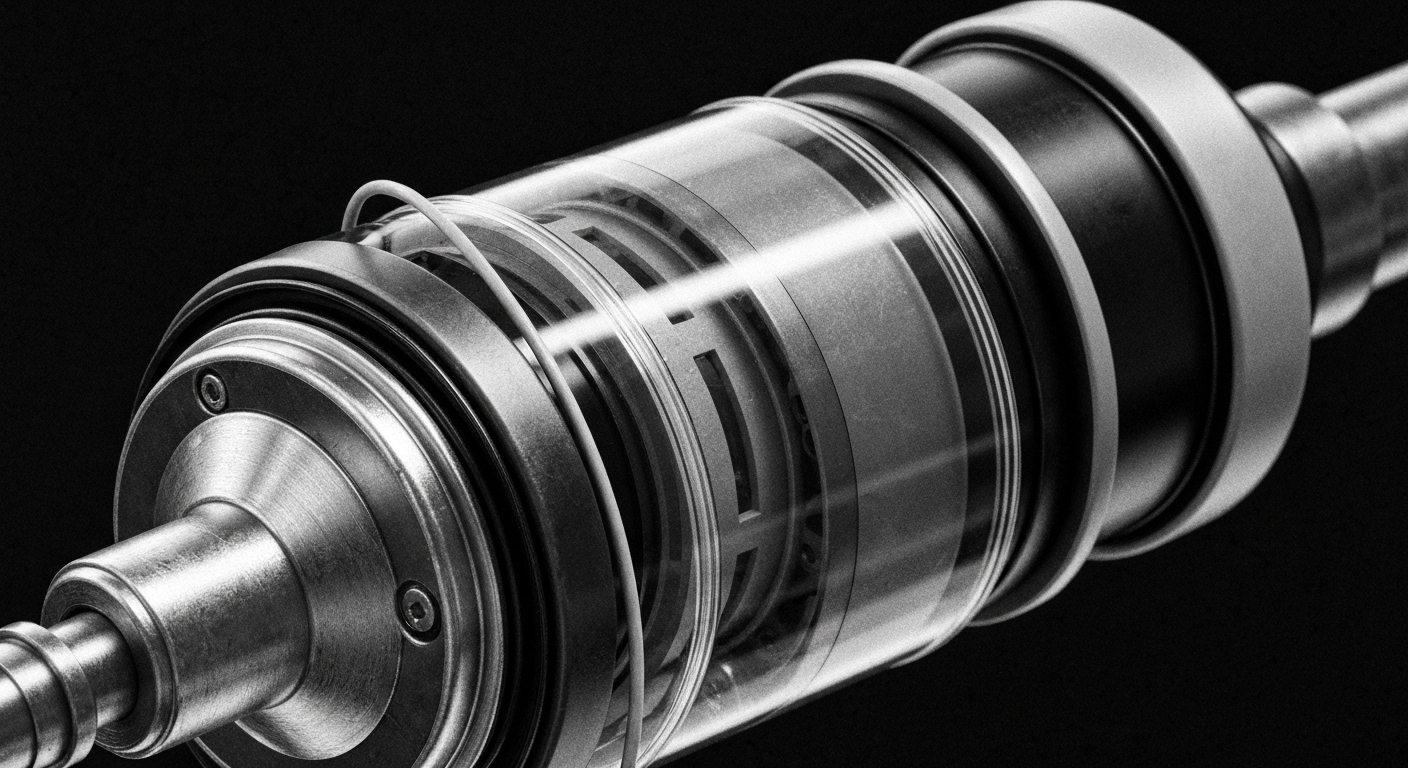 A high-contrast, cinematic close-up image of the internal gears, circuits, and components that make up the inner workings of a modern insulin pump device, rendered in a heavy industrial style reminiscent of the photography of Margaret Bourke-White.