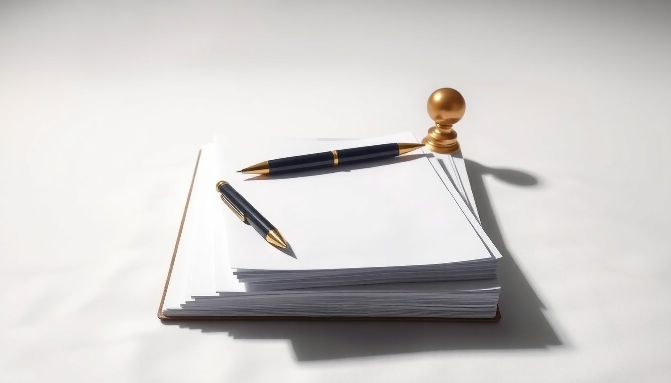 A minimalist studio still life photograph featuring a stack of business documents, a pen, and a brass paperweight arranged on a clean white background, conveying the serious, analytical nature of CRA's consulting work.