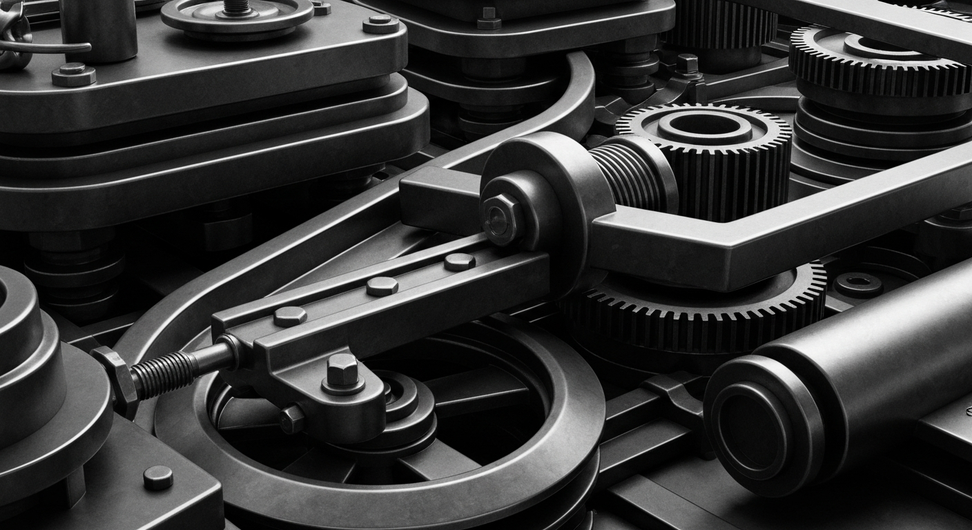 An extreme close-up of heavy, industrial banking machinery in shades of steel grey, gunmetal, and black, conveying the tangible financial security and institutional power of Encore Capital Group.