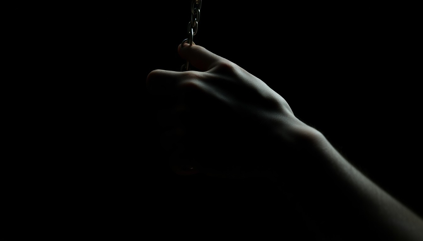 An extreme close-up photograph of a handcuff against a pitch-black background, the metal surface reflecting the harsh, direct lighting to create a stark, gritty, investigative aesthetic.