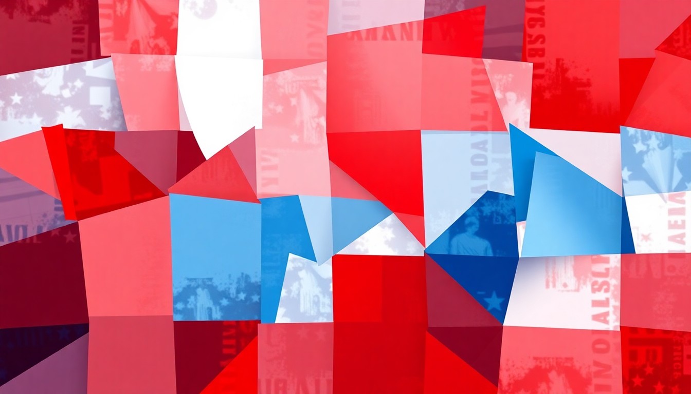 A vibrant, fractured painting in red, white, and blue hues depicting an abstract, overlapping representation of a voting booth, conveying the emotional impact of political division.