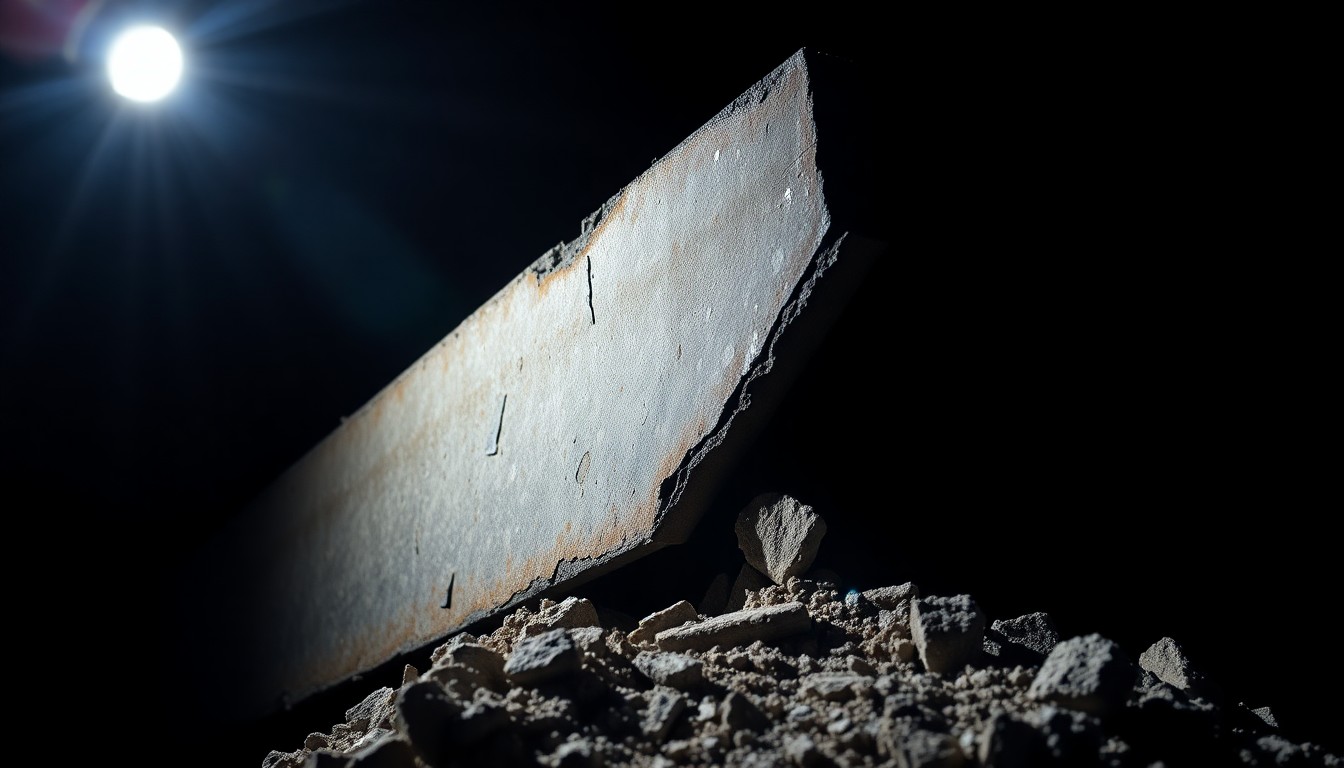 An extreme close-up photograph of a damaged construction site object, such as a crumpled steel beam or a pile of broken concrete, lit by a harsh, direct camera flash against a pitch-black background, conceptually illustrating the gritty aftermath of a deadly building collapse.