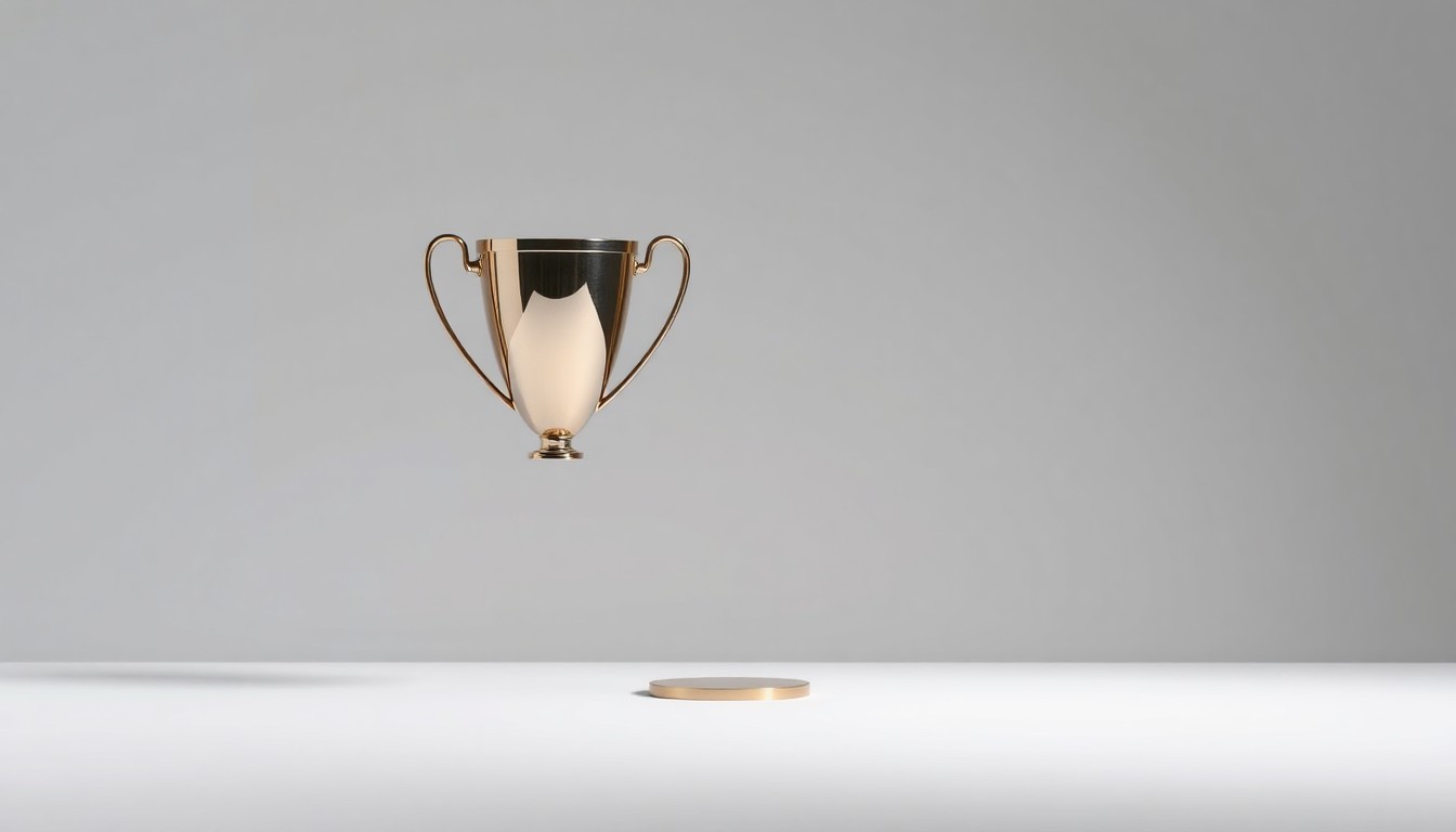 A photorealistic studio still-life image featuring a polished metal trophy or award on a clean, monochromatic background, symbolizing Zhanpeng Jiang's appointment to Cingulate's board of directors.
