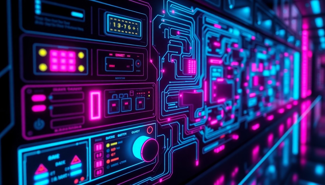 A highly detailed, glowing 3D illustration of a futuristic digital control panel or cybersecurity interface, with neon cyan and magenta lights illuminating the various ports, circuits, and data streams, conceptually representing the complex, interconnected nature of modern technology and the need for robust safeguards.