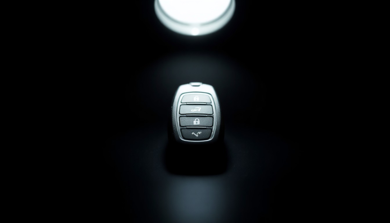 An extreme close-up photograph of a car key fob against a pitch-black background, lit by a harsh, direct camera flash, conceptually representing the investigation into a false report of a stolen vehicle and child abduction.
