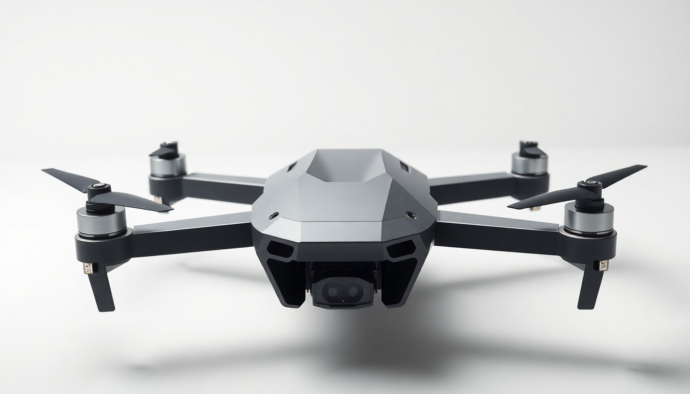 A sleek, geometric drone model made of polished aluminum and carbon fiber, floating on a clean, monochromatic background with dramatic lighting and shadows, conceptually representing the advanced defense technology PMGC is targeting.