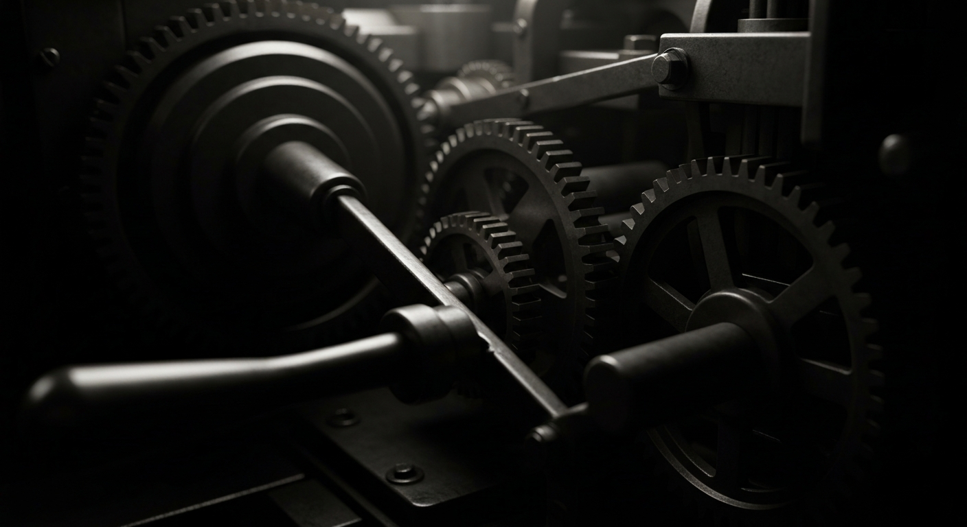 An extreme close-up of the complex gears, levers, and mechanisms of a life insurance underwriting machine, conveying the intricate financial infrastructure behind modern life insurance.