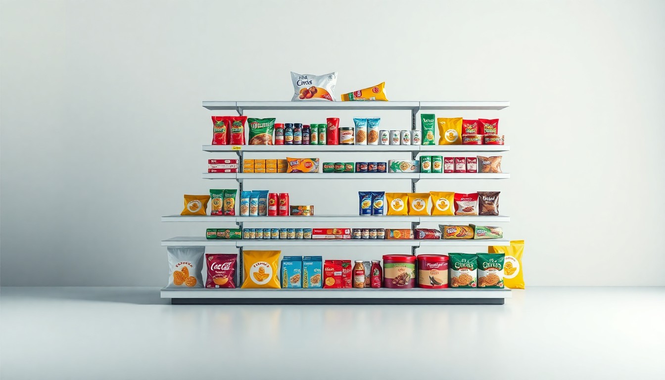 A photorealistic studio still life featuring a stack of colorful, geometric grocery store shelves with various packaged food products arranged elegantly on a clean, monochromatic background, representing the abstract concepts of corporate strategy and market leadership in the grocery industry.