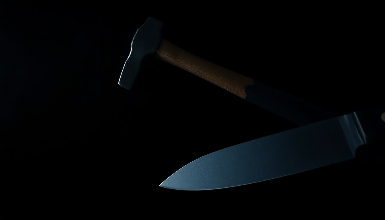 An extreme close-up of a hammer and knife against a dark background, capturing the stark, gritty details of the crime scene evidence in a dramatic, investigative style.