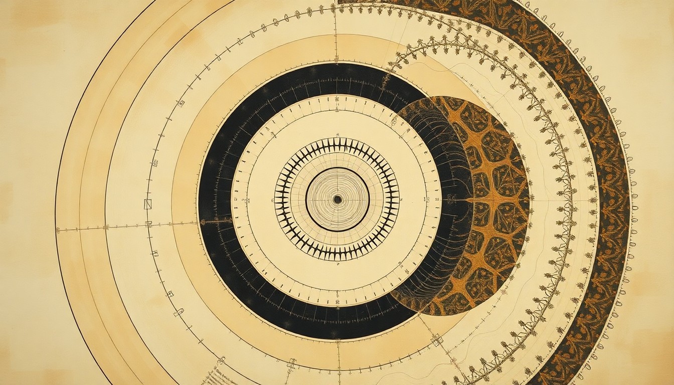 A highly textured, abstract painting in soft earth tones, featuring sweeping geometric shapes and precise botanical spirals, conceptually representing the integration of robotics, AI, and natural systems in sheep ranching.