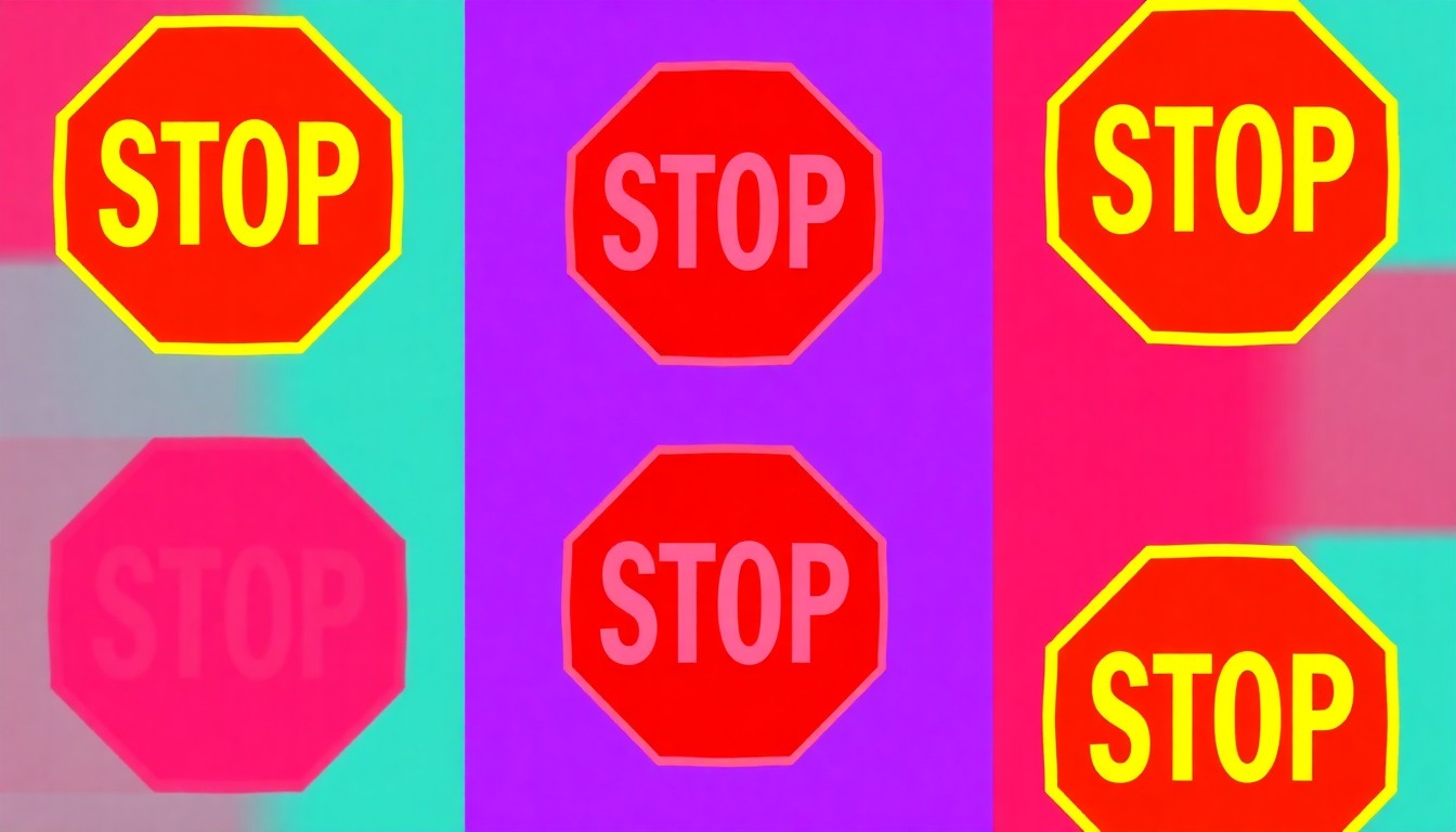 A high-contrast, brightly colored silkscreen print featuring a repeated pattern of a single iconic traffic safety object, such as a stop sign or seatbelt buckle, rendered in a modern pop art style without any text or labels.