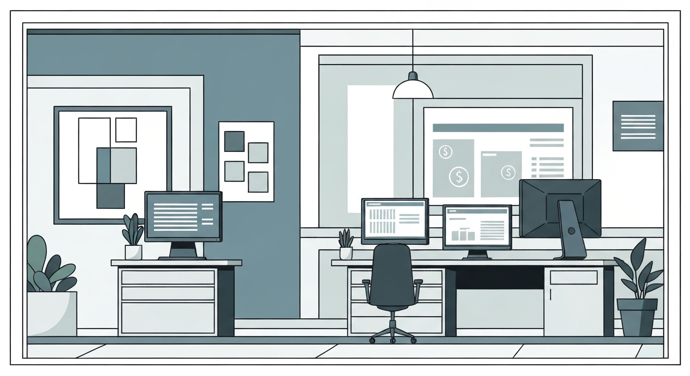 A minimalist, geometric illustration of a modern banking or financial services office, featuring clean lines, muted colors, and a sense of technology and stability.