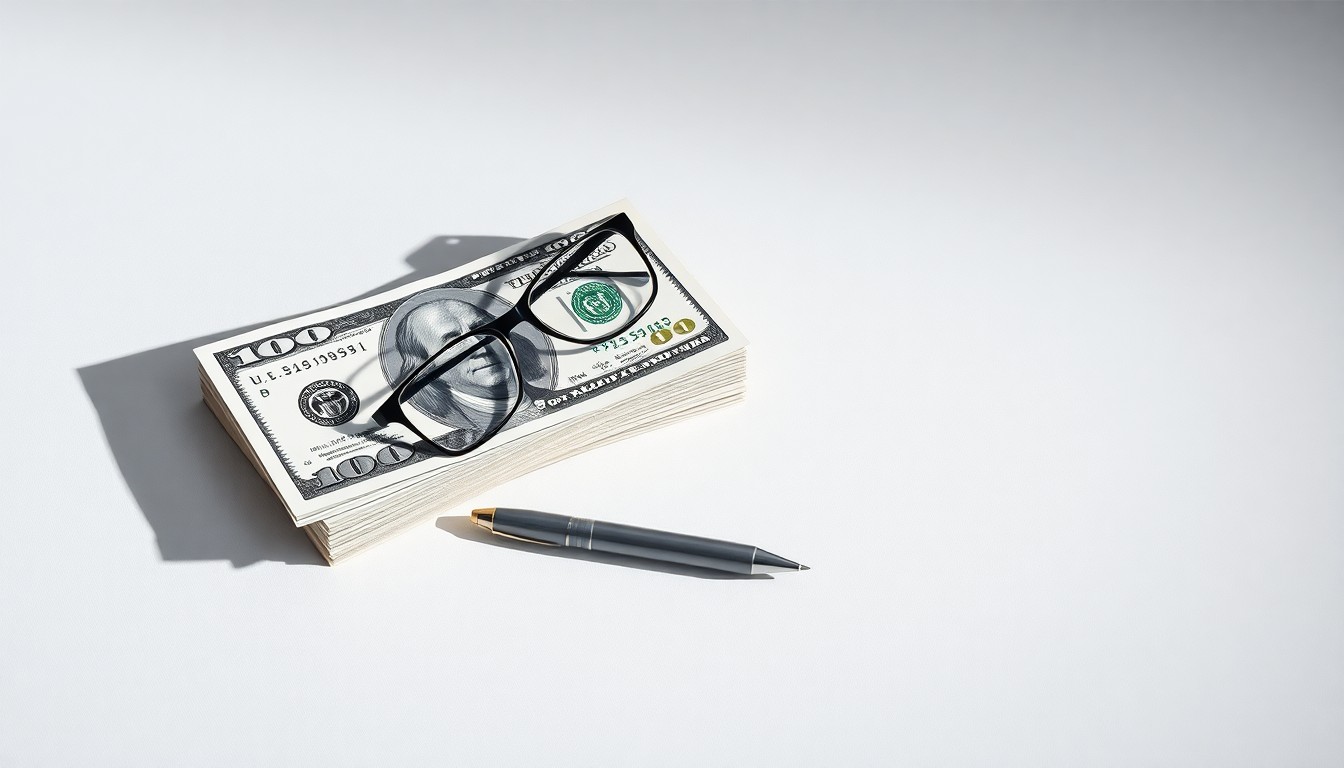 A high-end, photorealistic studio still-life photograph featuring a stack of U.S. dollar bills, a pen, and a pair of eyeglasses on a clean, monochromatic seamless background, conceptually representing JPMorganChase's new initiative to address economic inequality.