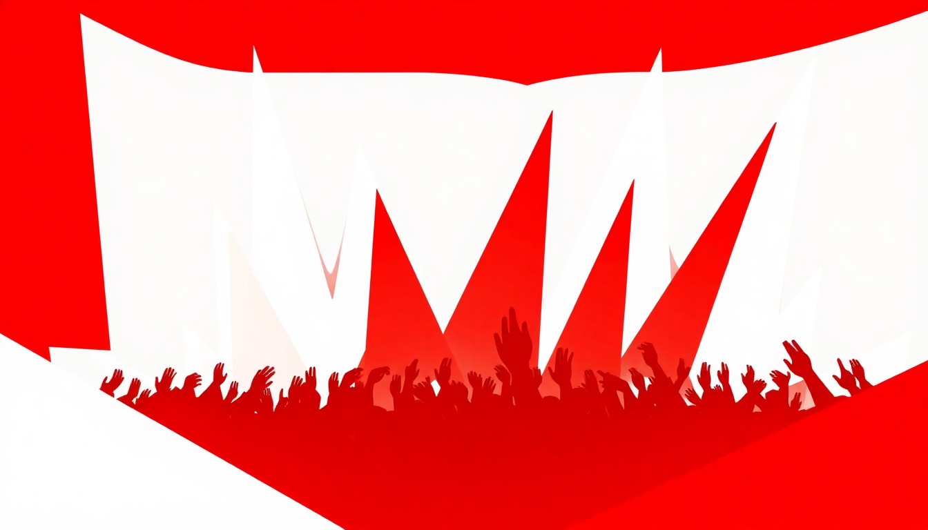 An abstract, minimalist composition of bold, jagged red and white geometric shapes, conceptually representing the energy and anticipation of a major music performance event.