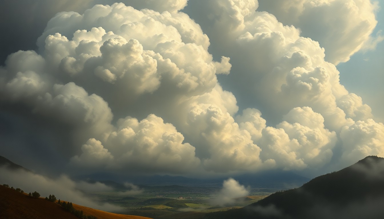 A vast, majestic landscape painting in muted earth tones, with a massive, swirling cloud formation dominating the scene and dwarfing a small town nestled in the valley below, conceptually representing the overwhelming power of natural disasters.