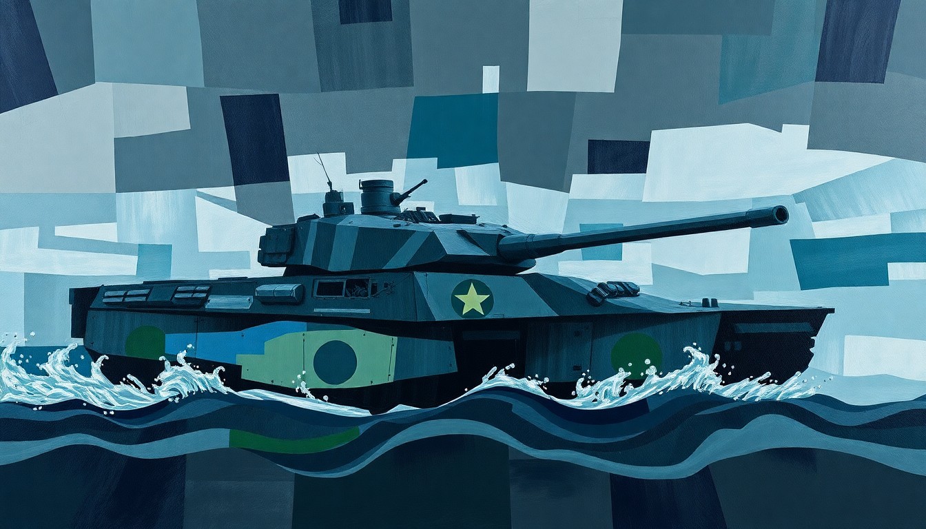 A fractured, abstract painting of a military vehicle in overlapping geometric shapes and waves of dark colors, conveying a sense of motion and instability.