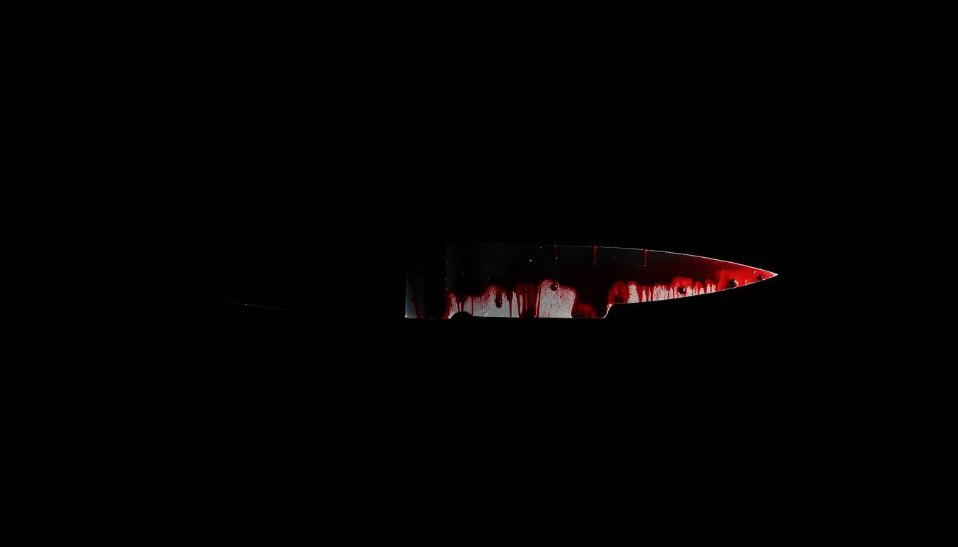 An extreme close-up of a single bloodied knife blade, the harsh lighting and dark background creating a stark, investigative aesthetic that conceptually represents the violent crime at the center of this story.