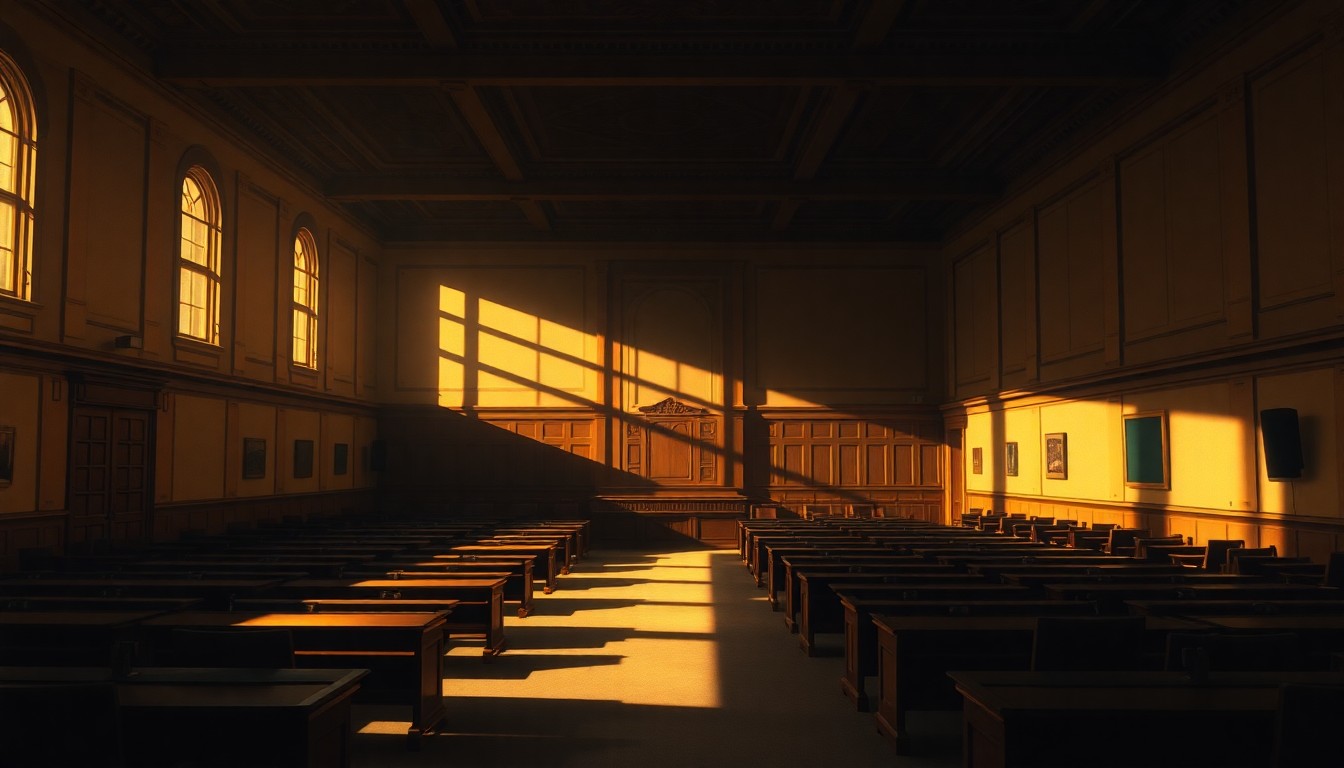 A dimly lit, cinematic painting of an empty legislative chamber or government office space, with warm sunlight streaming in through the windows and deep shadows cast across the room, conveying a sense of quiet contemplation and unease.