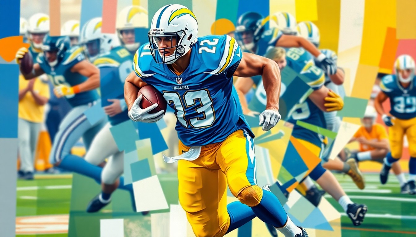 A fragmented, geometric painting in the style of Pablo Picasso, depicting a running back in motion with sharp, overlapping planes of the Chargers' powder blue and gold colors, capturing the energy and movement of the sport.