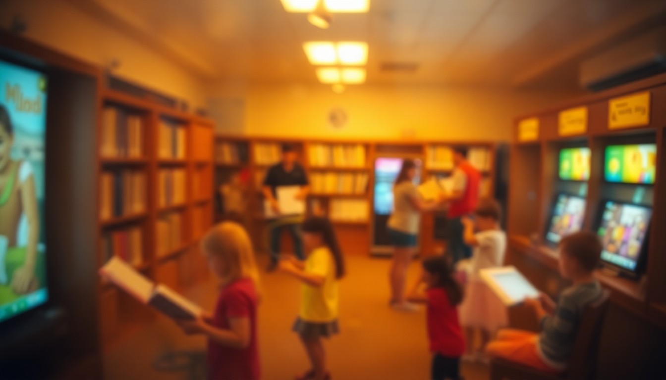 An abstract, impressionistic scene of blurred, warm-toned shapes and colors representing children reading, playing, and participating in activities at a local library, conveying the sense of community and enrichment the library provides.