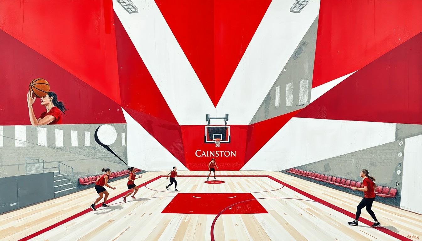 A fragmented, cubist-style painting depicting a women's basketball game, with the court and players broken down into sharp, overlapping geometric shapes in a bold color scheme, conveying the energy and movement of the sport.