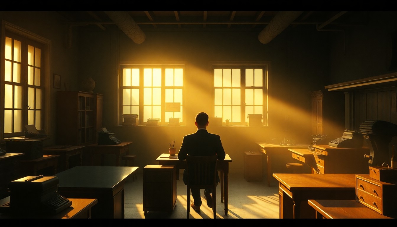 A dimly lit, cinematic interior scene of an old-fashioned newsroom, with a lone figure sitting at a desk in the foreground, bathed in warm, diagonal sunlight. The room is filled with the shadows of desks, typewriters, and other vintage office equipment, evoking a sense of quiet contemplation and the passage of time.