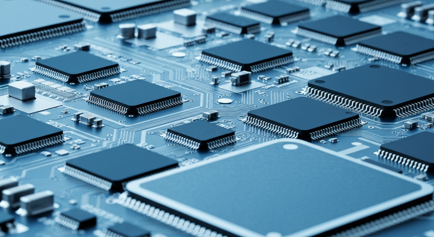 An extreme close-up photograph of complex semiconductor chips and circuit boards in shades of blue and grey, representing the advanced connectivity technology that powers modern AI infrastructure.